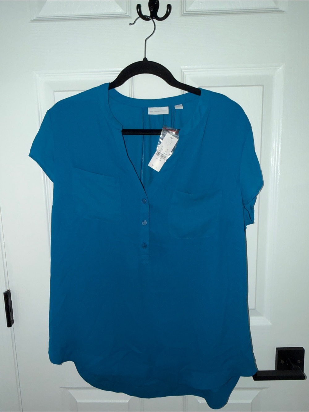 New York & Company Teal Short Sleeve Button Henley Blouse
